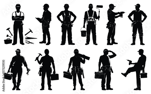 Collection of diverse construction worker silhouettes engaged in various building and repair tasks
