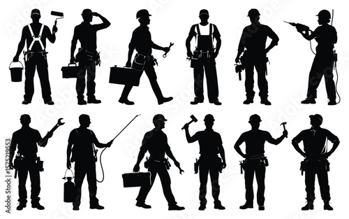 Collection of silhouetted construction workers and tradespeople with tools and safety gear on white background