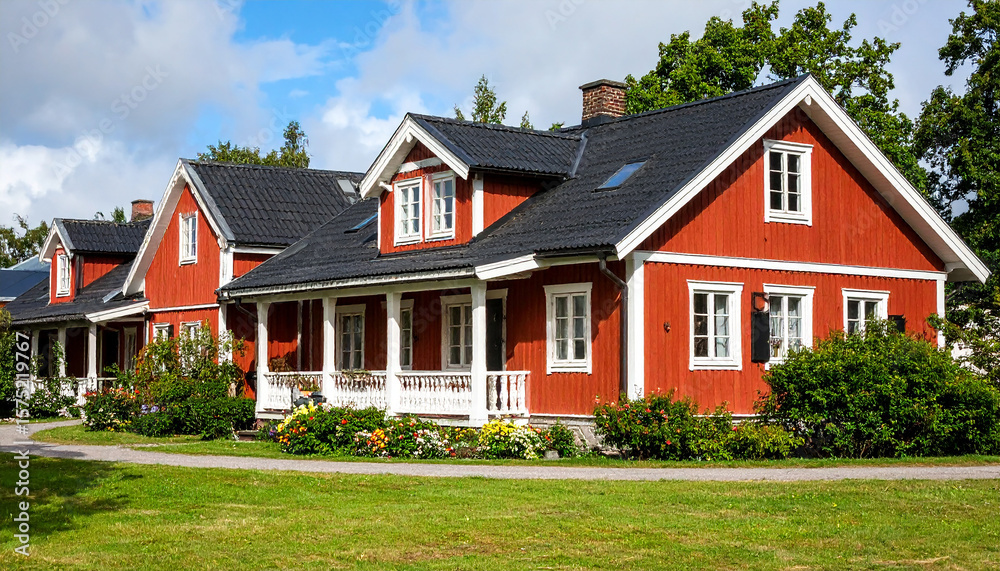 Obraz premium Modern red tiny house with black metal roof surrounded by flowers 