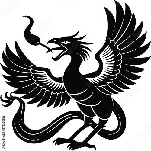 Majestic black phoenix with flaming breath and elaborate wings in silhouette