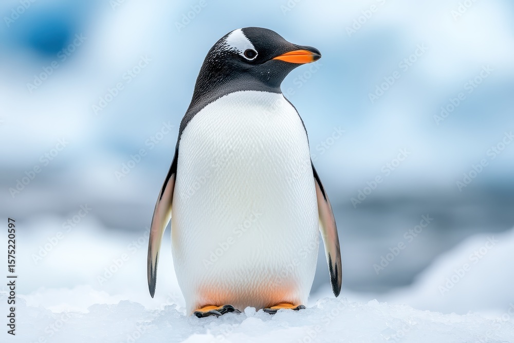Fototapeta premium Gentoo Penguin Standing on Ice with Soft Blue Background in Antarctica