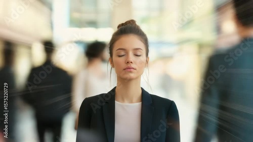 Young woman with closed eyes in calm, peaceful urban street setting, business attire, focus and concentration amid blurred crowd, serene moment of meditation and stress relief in busy city environment