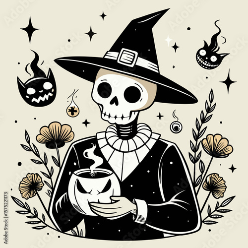 Whimsical skeleton wearing a witch hat holding a jack o lantern with spooky companions