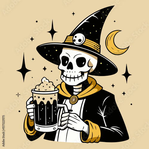 Whimsical skeleton wizard holding a frothy beer mug under a crescent moon