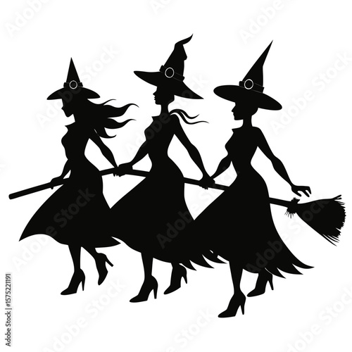 Three elegant witches in silhouette flying together on broomsticks holding hands