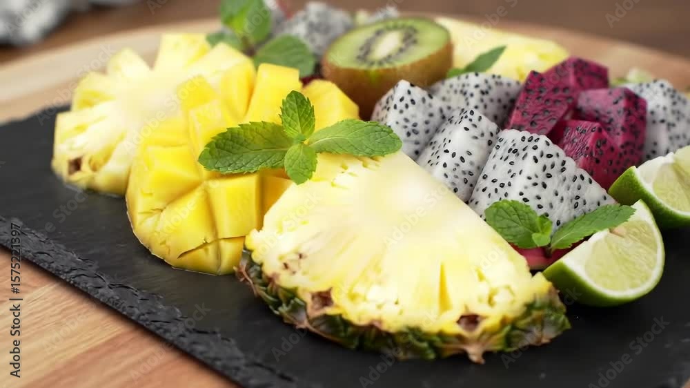 Exotic fruit platter with mango pineapple dragon fruit kiwi and lime on a slate board for healthy