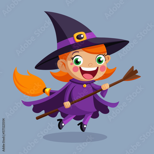 Cute cartoon witch girl with ginger hair flying on a broomstick wearing a purple costume