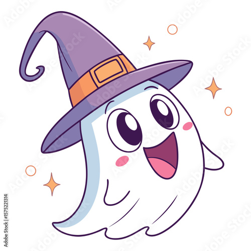 Cute cartoon ghost wearing a purple witch hat with a happy expression and sparkling stars