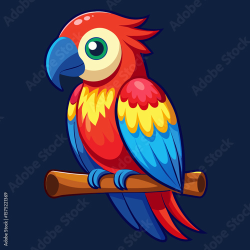 Cute cartoon scarlet macaw parrot perched on a wooden branch against a dark background