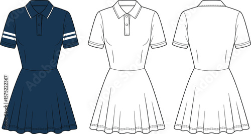 Vector flat sketch of short sleeve pleated polo dress, front and back view, fashion CAD design for women clothing
