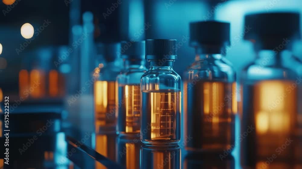 Small glass bottles with amber liquid and black caps arranged row reflective surface laboratory setting, close up of transparent glass containers reflecting cool blue light, science and precise