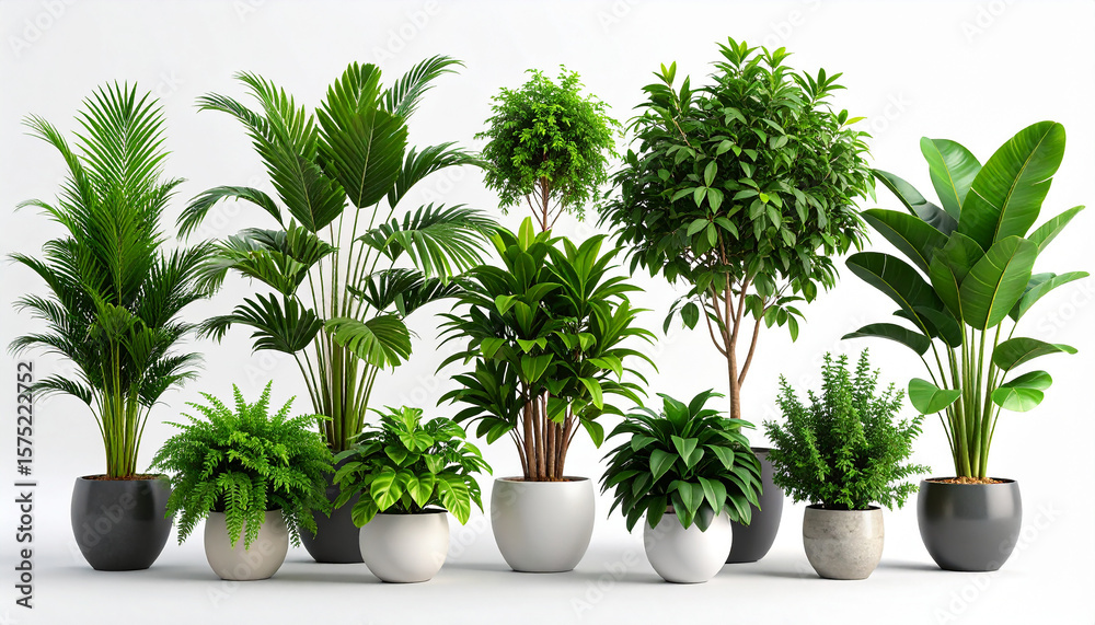 Obraz premium Potted plants isolated on white background. Collection of various houseplants in pots. Plant decoration, home gardening, and clean air concept for design and advertising