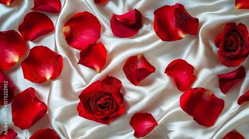 Elegant Red Rose Petals Scattered on Luxurious White Silk Fabric