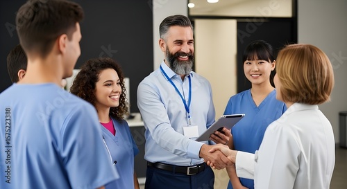 Diverse Medical Team Welcoming New Doctor with Handshake | Group of Smiling Healthcare Professionals in Hospital Setting for Recruitment and Collaboration Marketing