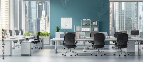 Modern, bright office space with city views, featuring white desks, black chairs, and teal walls