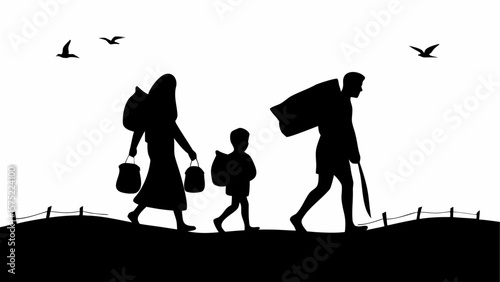 Silhouette of a family walking with belongings and birds flying above on a white background landscape