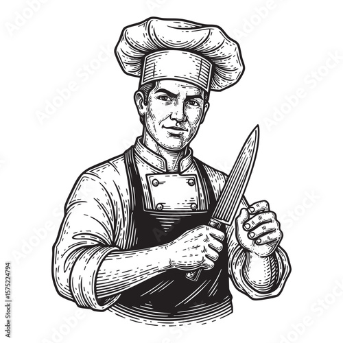 Professional Chef with Mustache Holding a Knife Vector Sketch
