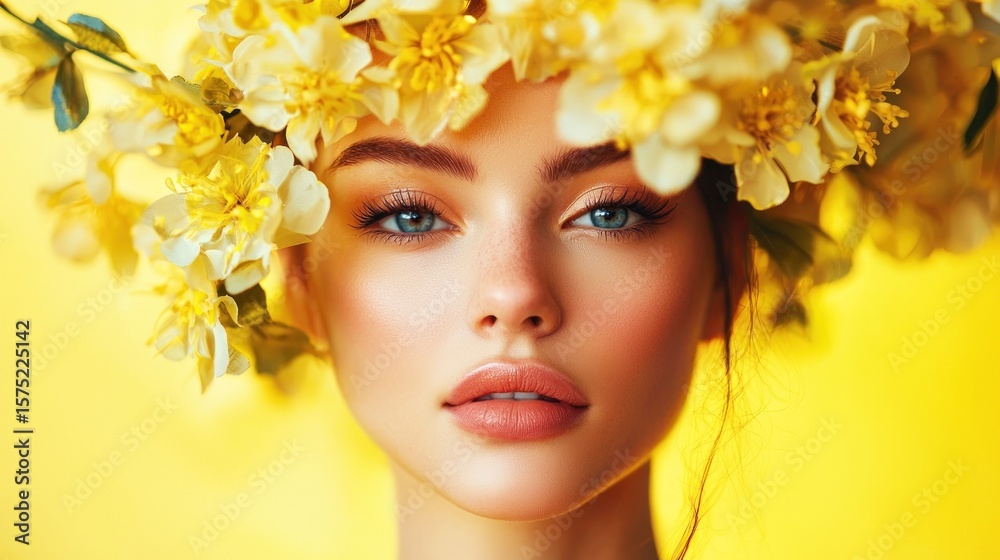 A woman with a floral crown on a yellow background. The image features a woman with blue eyes and a natural makeup look. A woman with a floral crown on a yellow background. The image features a woman with blue eyes and a natural makeup look.