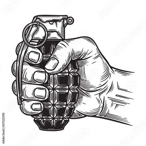  Hand Holding a Fragmentation Grenade Vintage Woodcut Illustration