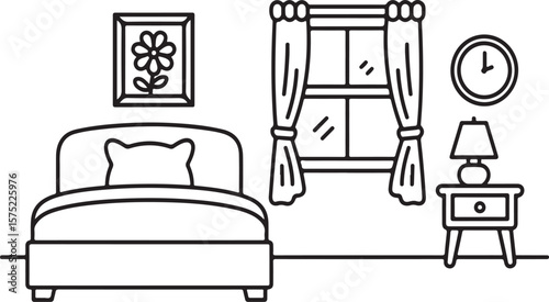 Bedroom scene with bed window and nightstand pillow curtains