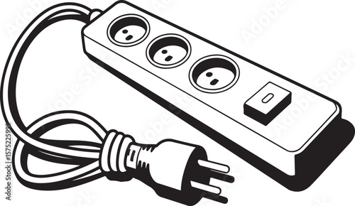 Black and white electrical power strip with three sockets and a plug cable