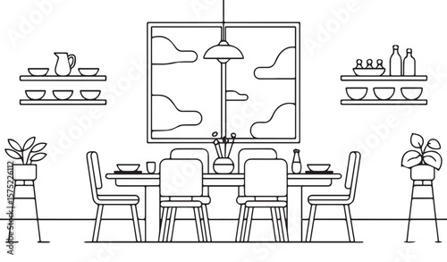 Dining room interior with table chairs and decorative elements pitcher