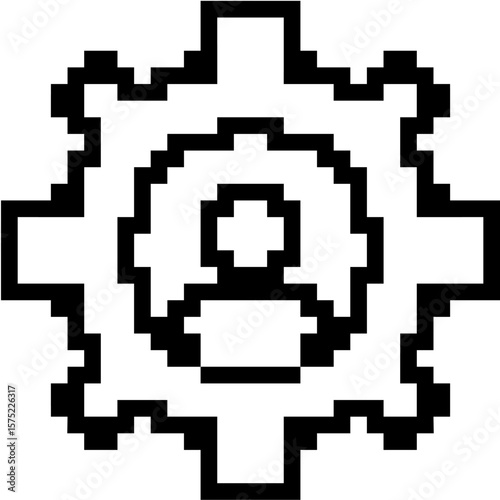 Pixel people in cog gear icon vector, illustrating teamwork and system collaboration in an 8-bit style. Perfect for gaming, business process, or mechanical themes.