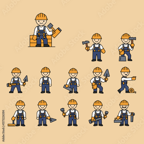 Construction Icon Set Flat Solid Design Illustrations of Construction Workers with Tools - Perfect for Web and App Design