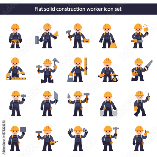 Comprehensive Construction Worker Icon Set Flat Solid Design for Construction, Building, and Industry Projects. 
