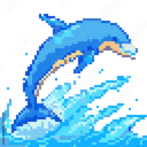 Pixel art icon of a dolphin leaping from water isolated