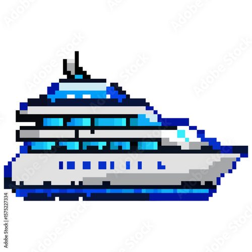 Pixel Art Icon of a Luxury White Yacht with Blue Accents