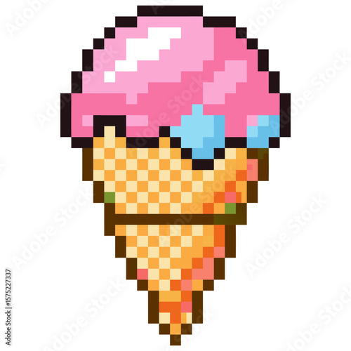 Pink and blue pixel art ice cream cone icon