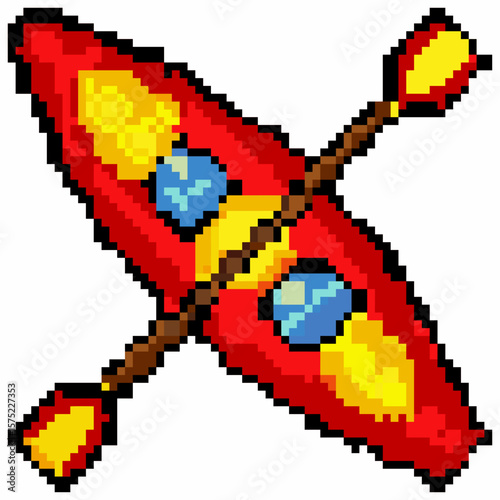Pixel Art Red Kayak with Yellow Paddles