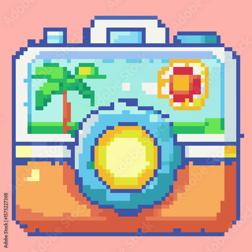 Retro Pixel Art Camera Icon with Summer Vacation Scene