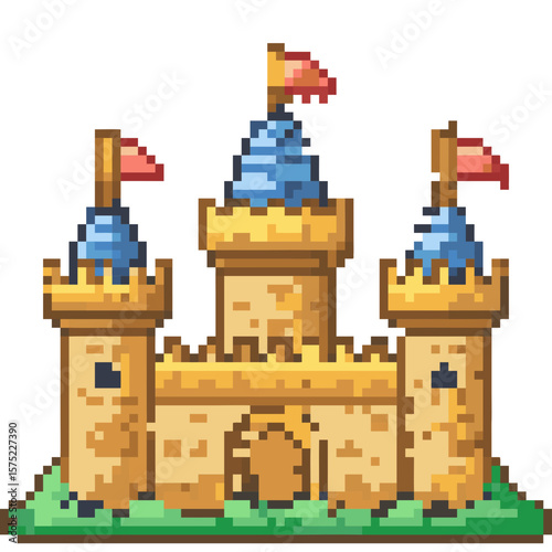 Pixel art sandcastle icon with flags isolated