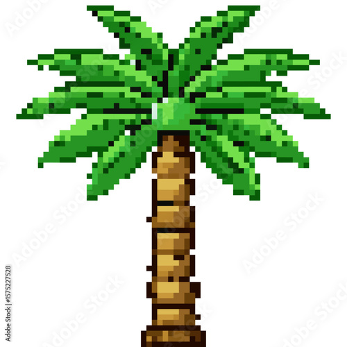 Pixel art icon of a tall palm tree with green leaves and a brown trunk