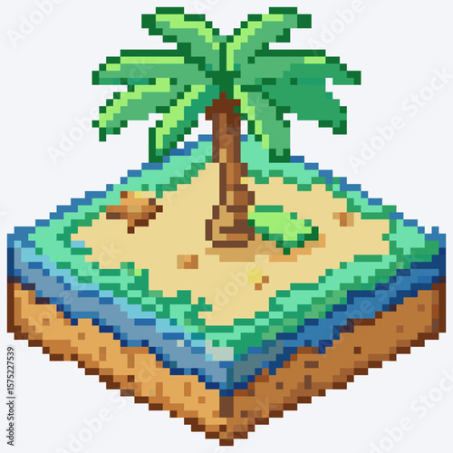 Isometric pixel art icon of a tiny tropical island with one palm tree