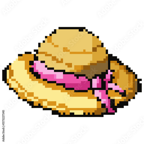 Pixel art icon of a wide brimmed straw hat with a pink ribbon