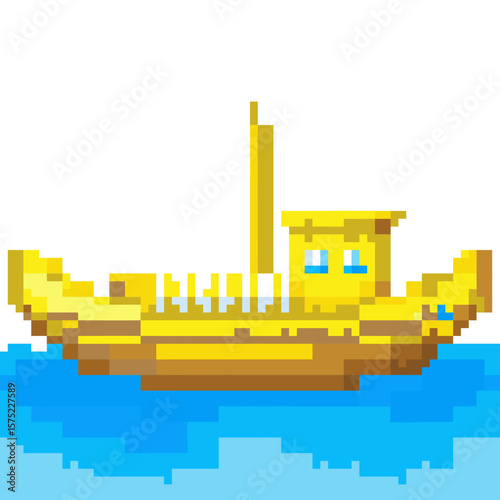 Pixel art icon of a yellow paddle boat on water