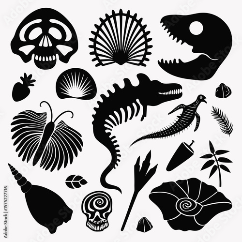 Collection of black silhouette prehistoric fossils and ancient creatures on a white background