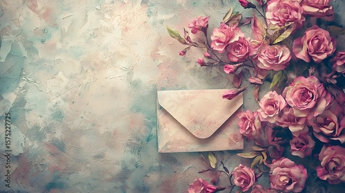 Delicate Floral Envelope Adorned With Vintage Paper Texture and Romantic Love Letter