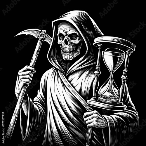 Grim reaper holding scythe and hourglass symbolizing the passage of time and mortality