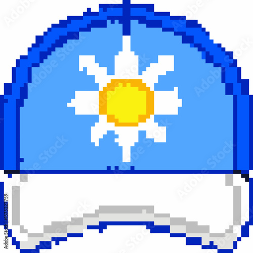Pixel Art Blue Baseball Cap with Sun Flower Icon