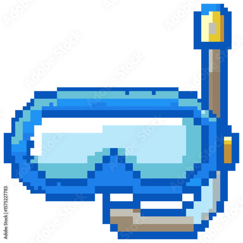 Isolated pixel art icon of a blue snorkeling mask and tube