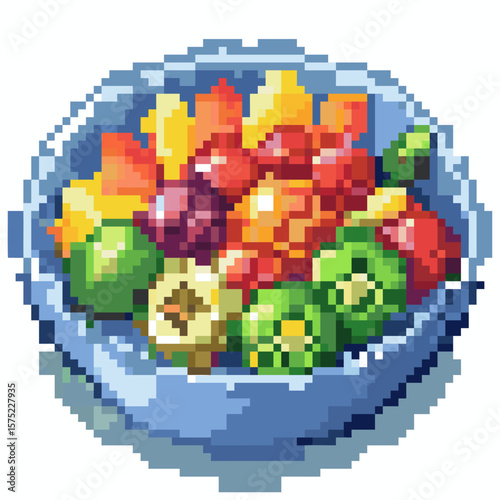 Vibrant pixel art fruit salad in a blue bowl, isolated icon