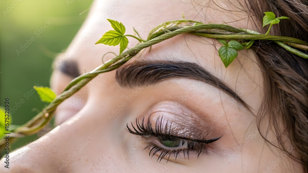 Naklejka premium Botanical elegance—fine vine tendril drapes over a brow, merging human and plant life for graceful, organic fashion or beauty advertising.