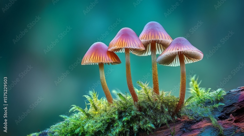 Fototapeta premium 9.A macro view of a group of delicate brown-capped mushrooms sprouting from a decayed tree trunk cloaked in velvety green moss. The mushrooms' slender stems and earthy tones complement the vivid