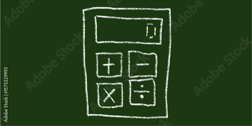 Chalk hand-drawn calculator icon on green chalkboard background. Simple doodle vector symbol for math, finance, accounting, calculation, business, school, education, and numbers.