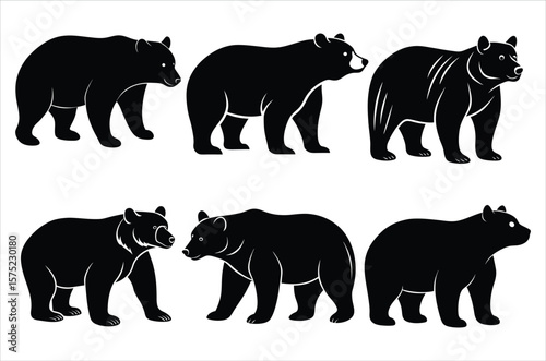 Polar bear silhouettes set,  Grizzly bear standing black silhouette logo vector design, Black bear standing icon vector art illustration graphic, Bear wildlife Art and  illustration