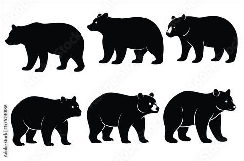 Polar bear silhouettes set,  Grizzly bear standing black silhouette logo vector design, Black bear standing icon vector art illustration graphic, Bear wildlife Art and  illustration